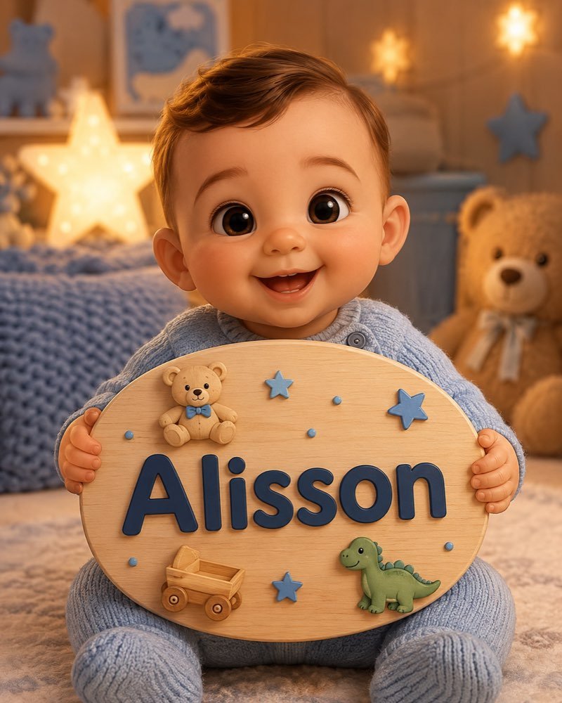 Ilustração de bebê segurando plaquinha com o nome Alisson