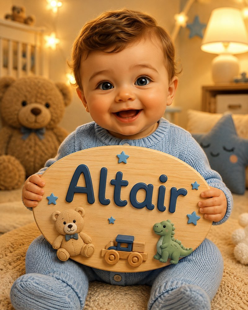 Ilustração de bebê segurando plaquinha com o nome Altair