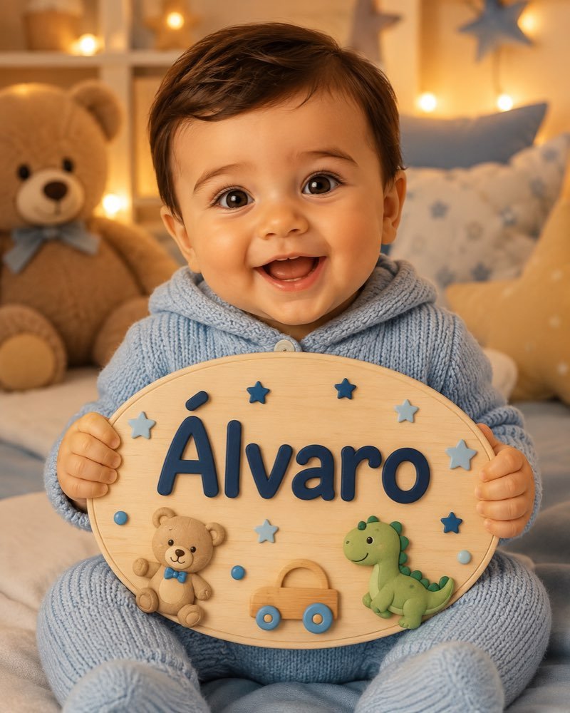 Ilustração de bebê segurando plaquinha com o nome Álvaro