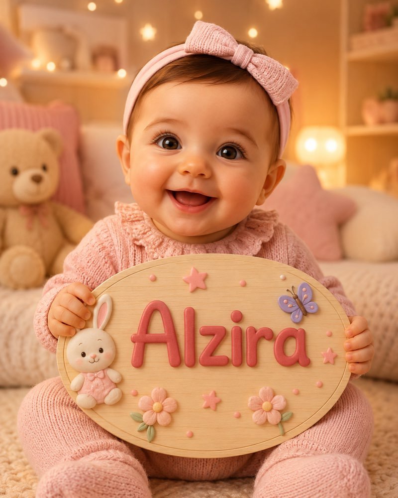 Ilustração de bebê segurando plaquinha com o nome Alzira