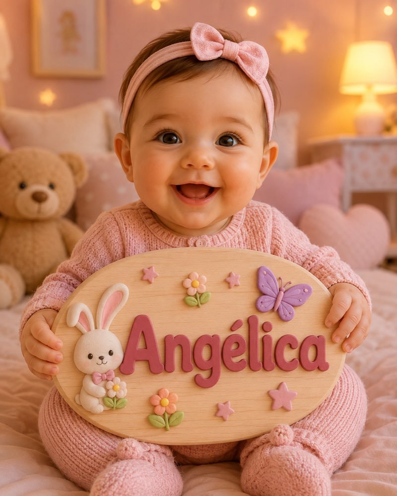 Ilustração de bebê segurando plaquinha com o nome Angélica