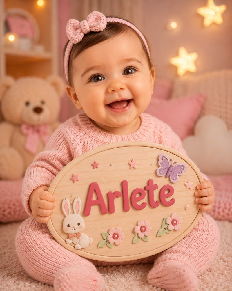 Ilustração de bebê segurando plaquinha com o nome Arlete