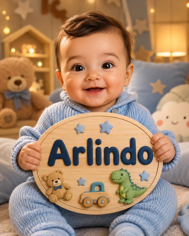 Ilustração de bebê segurando plaquinha com o nome Arlindo