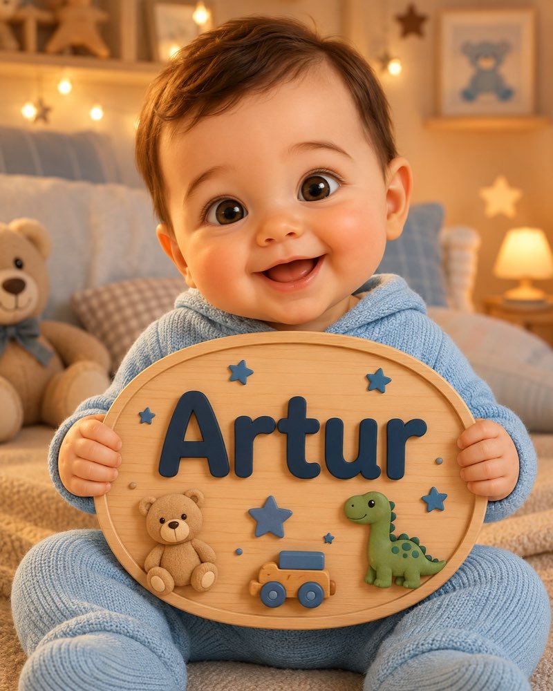 Ilustração de bebê segurando plaquinha com o nome Artur