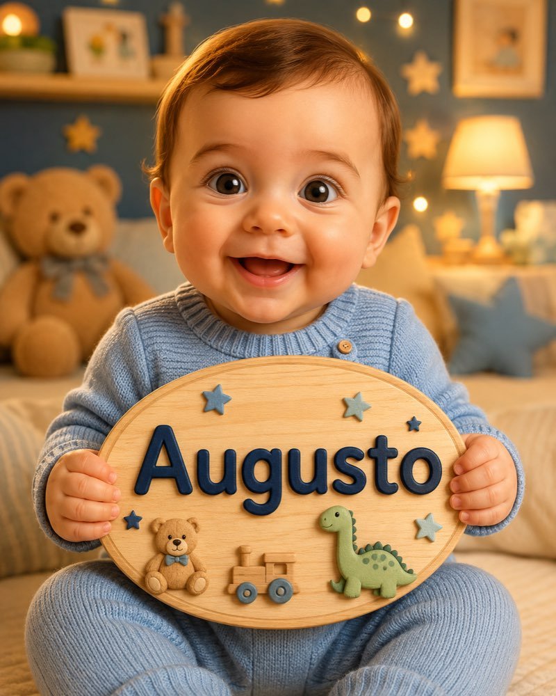 Ilustração de bebê segurando plaquinha com o nome Augusto