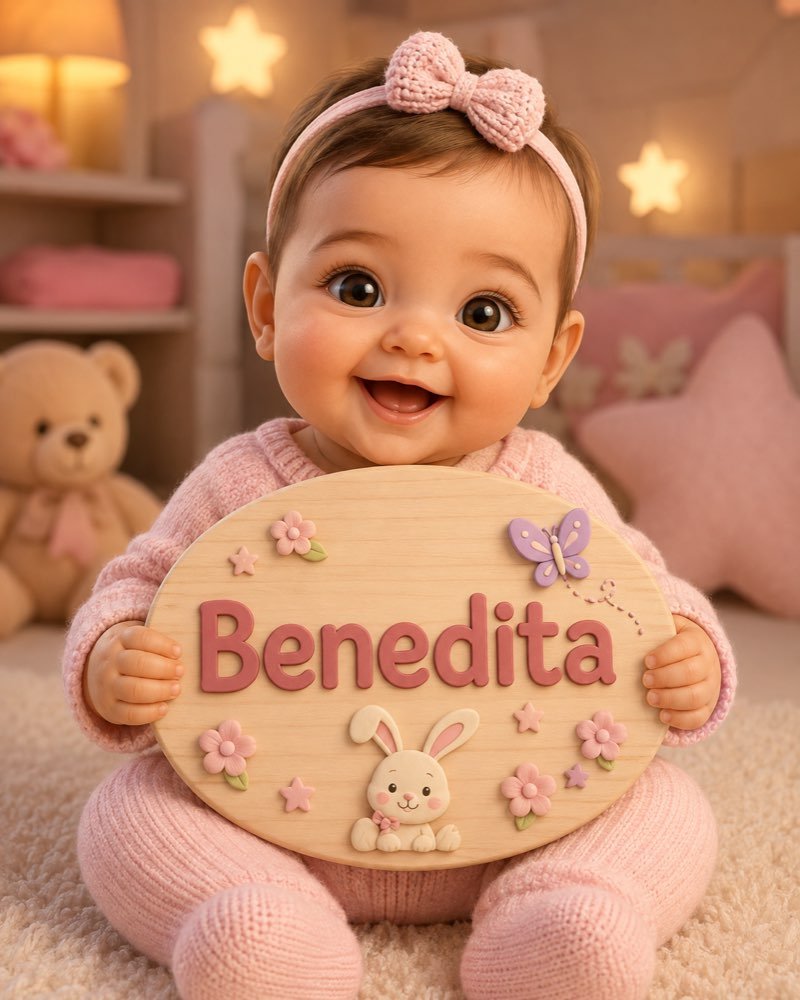 Ilustração de bebê segurando plaquinha com o nome Benedita