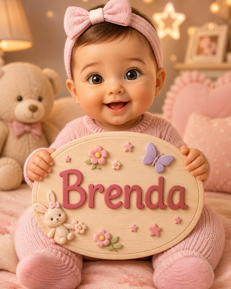 Ilustração de bebê segurando plaquinha com o nome Brenda