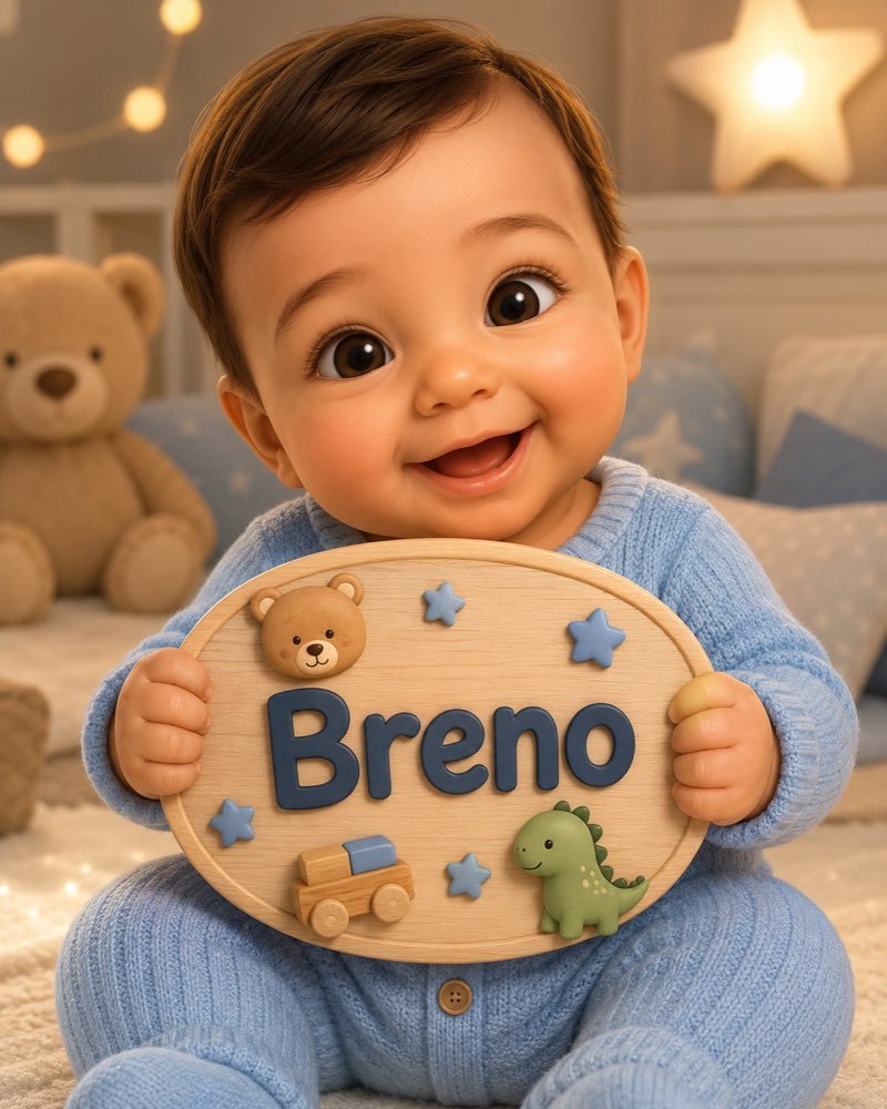 Ilustração de bebê segurando plaquinha com o nome Breno