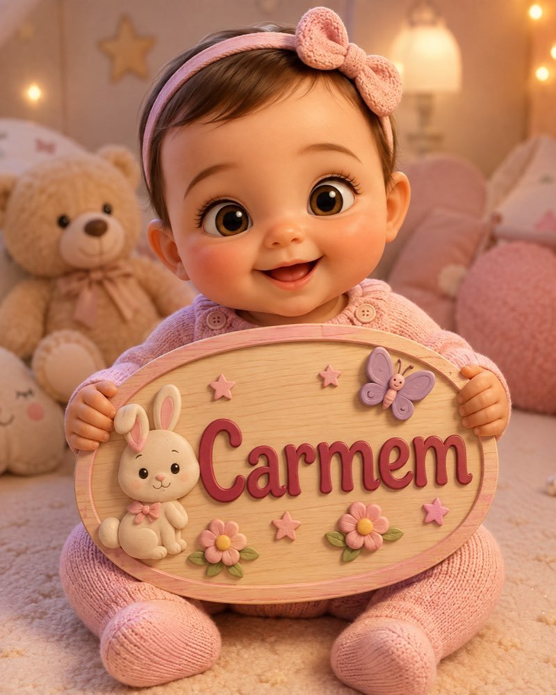 Ilustração de bebê segurando plaquinha com o nome Carmem