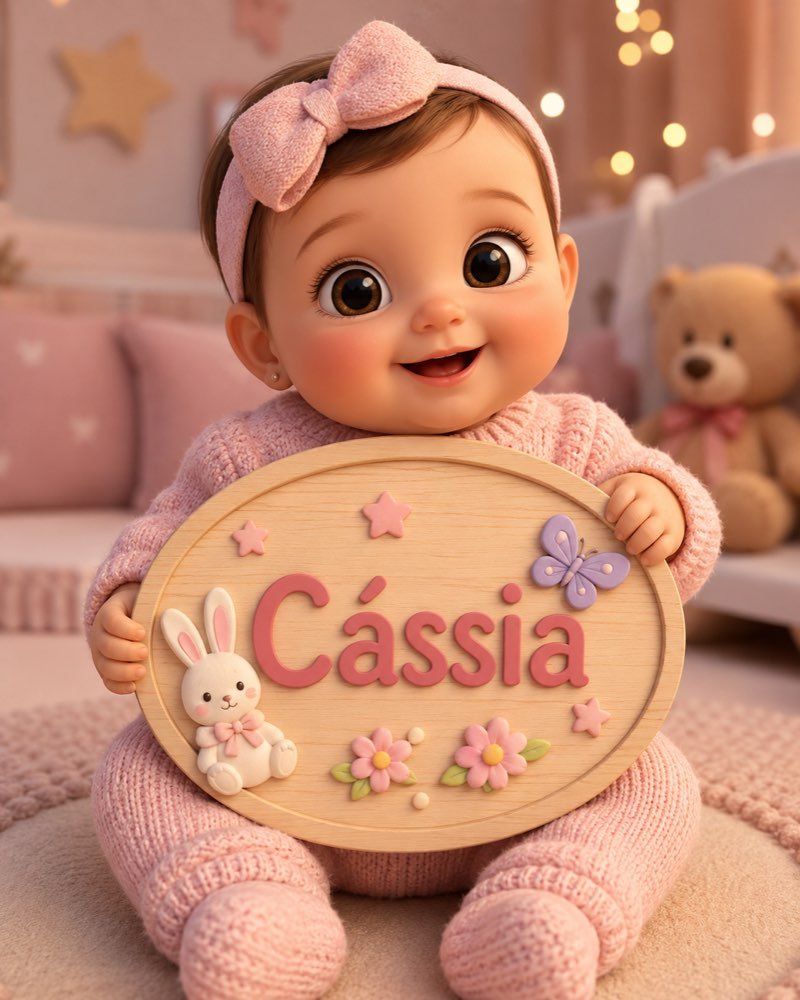 Ilustração de bebê segurando plaquinha com o nome Cássia