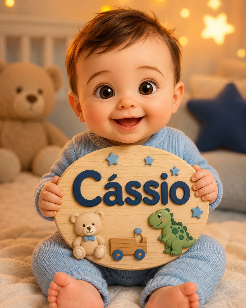 Ilustração de bebê segurando plaquinha com o nome Cássio