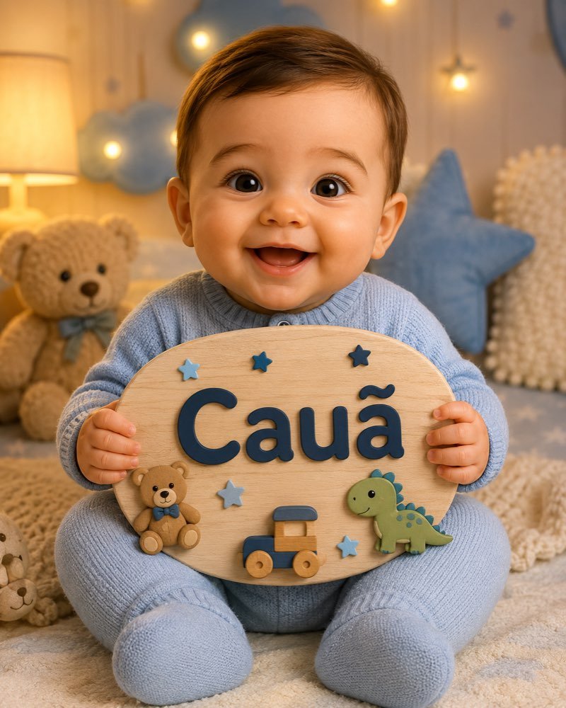 Ilustração de bebê segurando plaquinha com o nome Cauã
