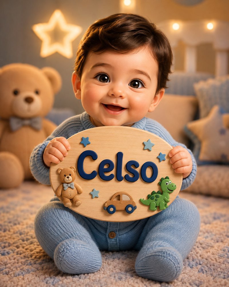 Ilustração de bebê segurando plaquinha com o nome Celso