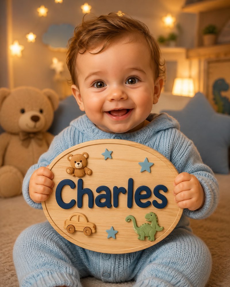 Ilustração de bebê segurando plaquinha com o nome Charles