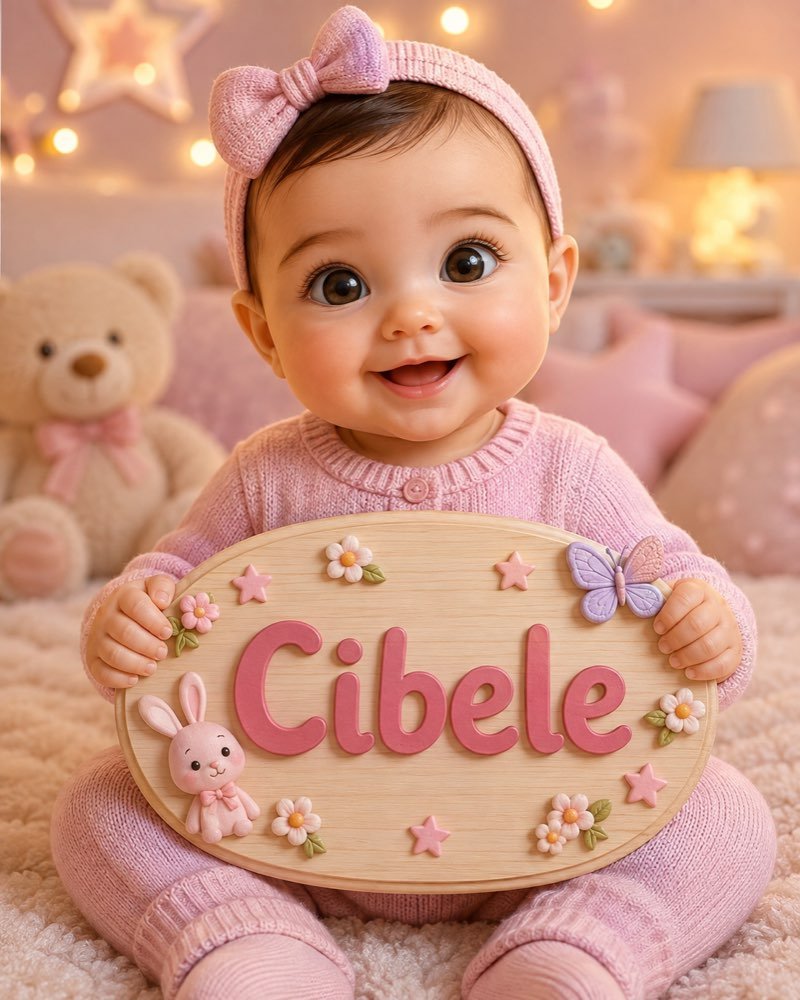 Ilustração de bebê segurando plaquinha com o nome Cibele