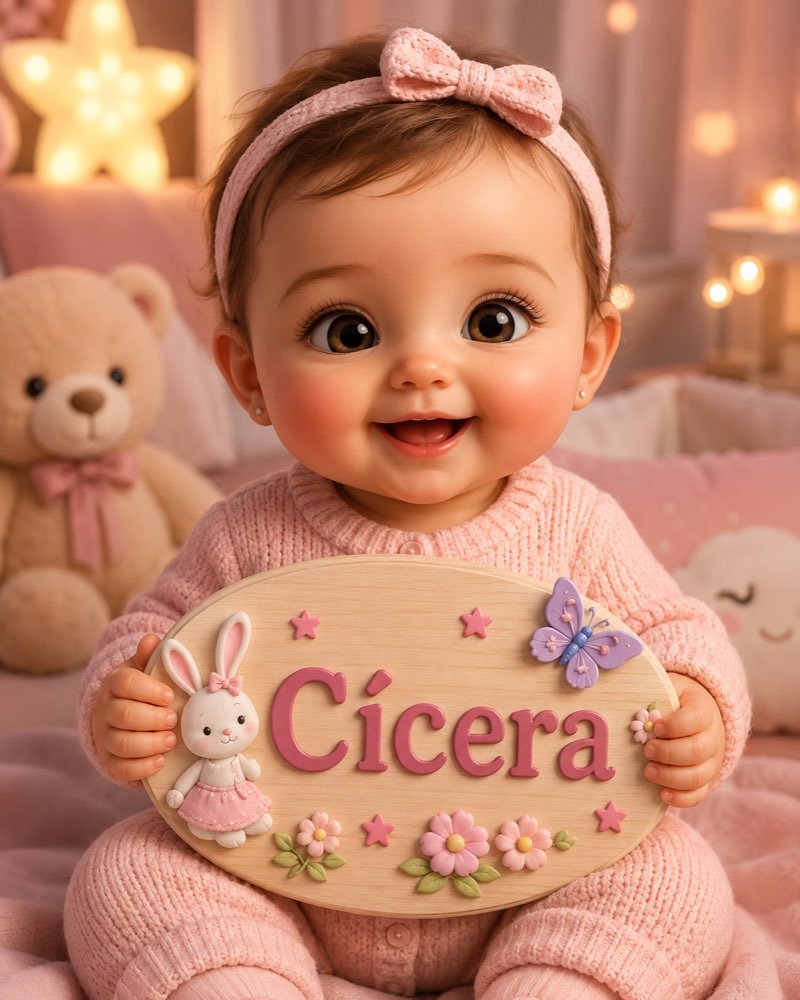 Ilustração de bebê segurando plaquinha com o nome Cícera