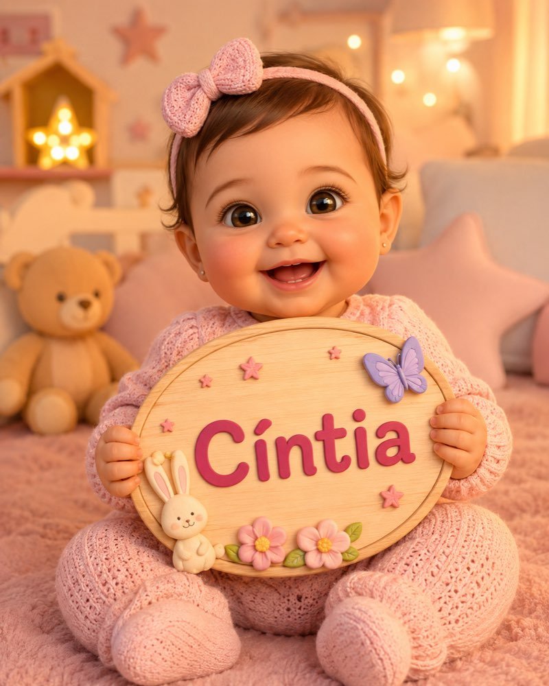 Ilustração de bebê segurando plaquinha com o nome Cíntia