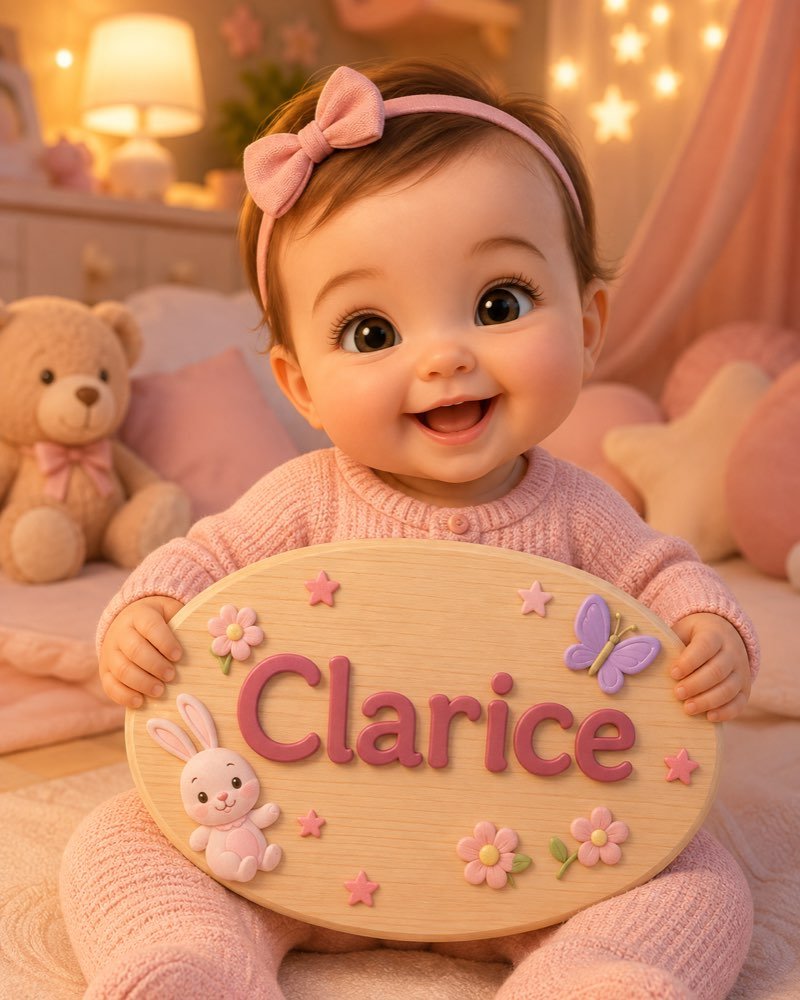 Ilustração de bebê segurando plaquinha com o nome Clarice