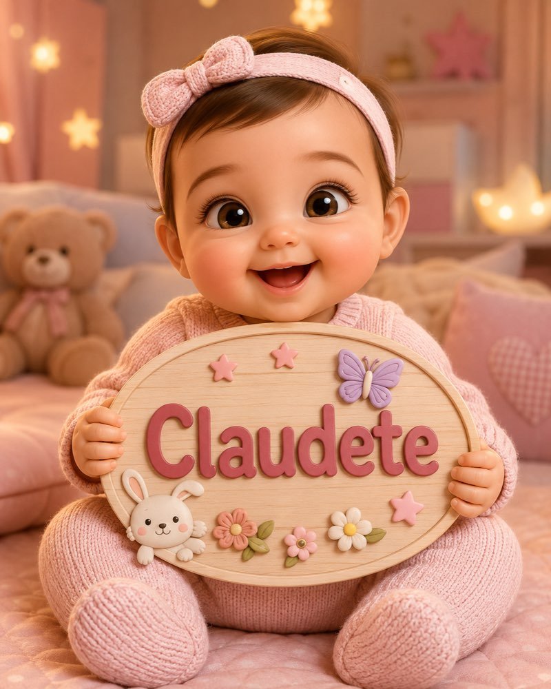 Ilustração de bebê segurando plaquinha com o nome Claudete