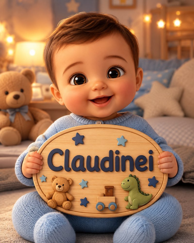 Ilustração de bebê segurando plaquinha com o nome Claudinei