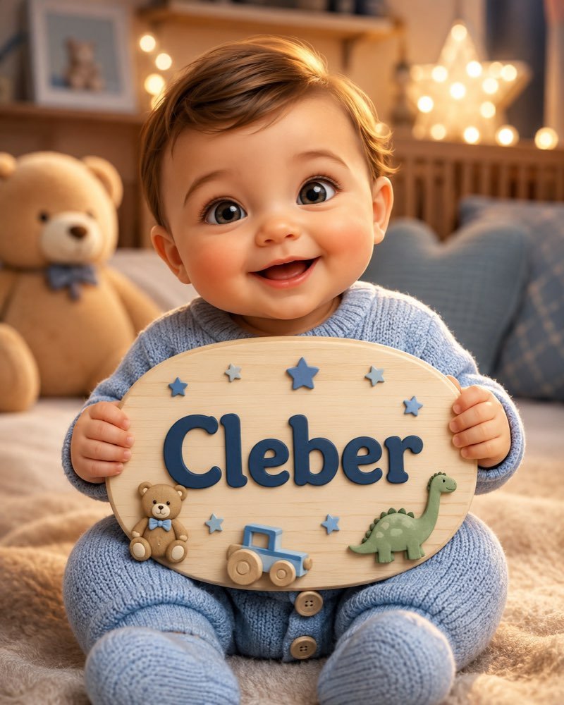 Ilustração de bebê segurando plaquinha com o nome Cleber
