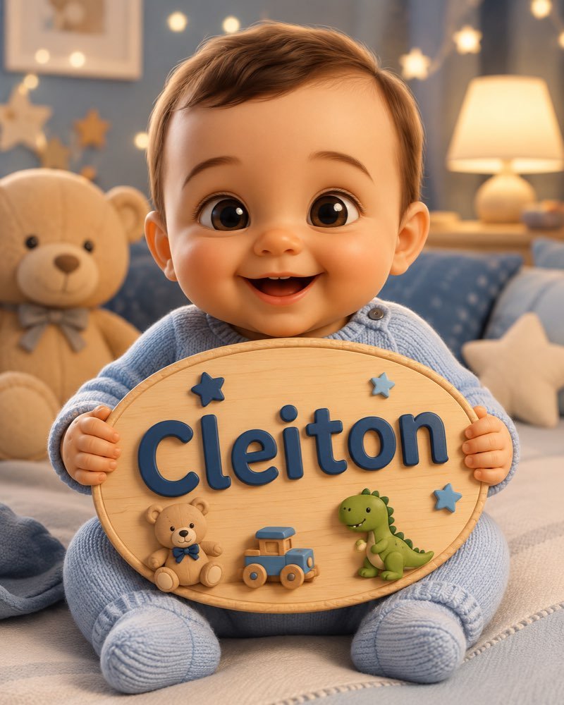 Ilustração de bebê segurando plaquinha com o nome Cleiton
