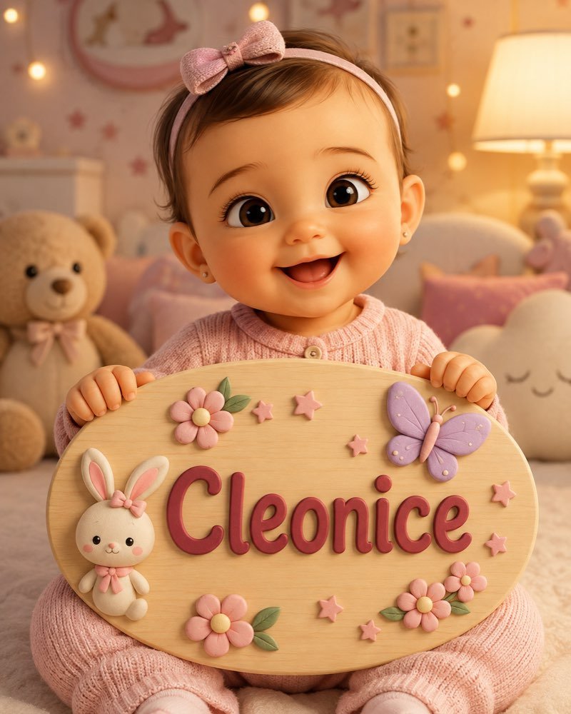 Ilustração de bebê segurando plaquinha com o nome Cleonice