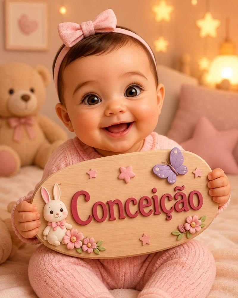 Ilustração de bebê segurando plaquinha com o nome Conceição