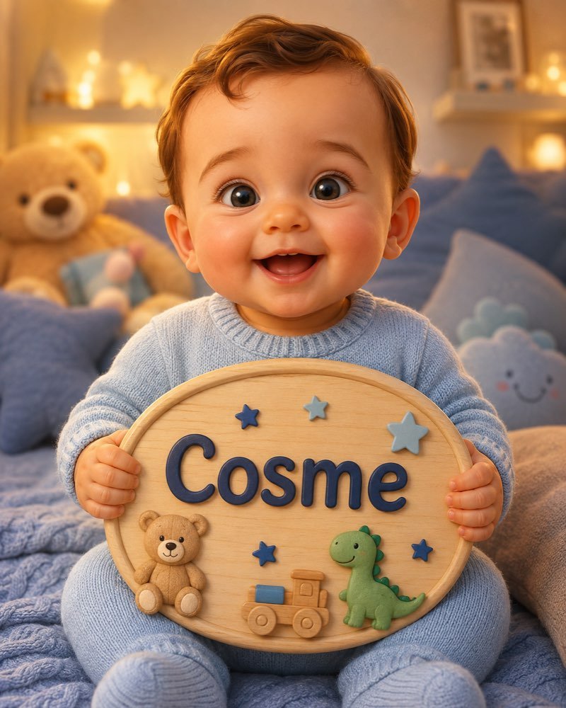 Ilustração de bebê segurando plaquinha com o nome Cosme