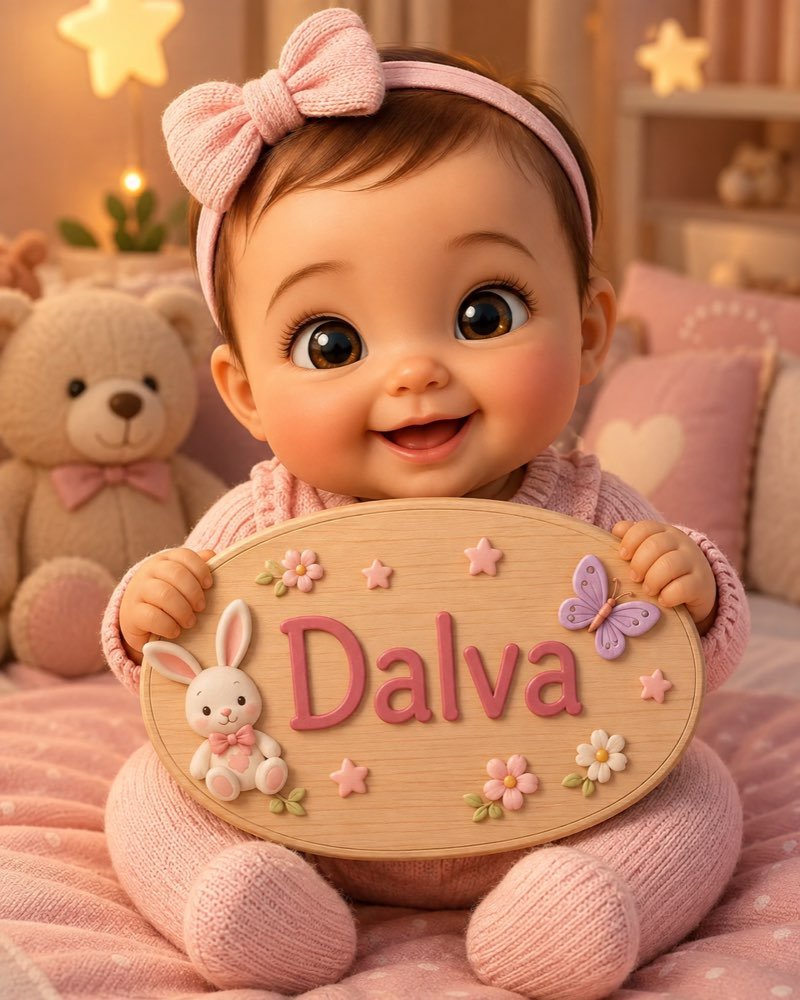 Ilustração de bebê segurando plaquinha com o nome Dalva