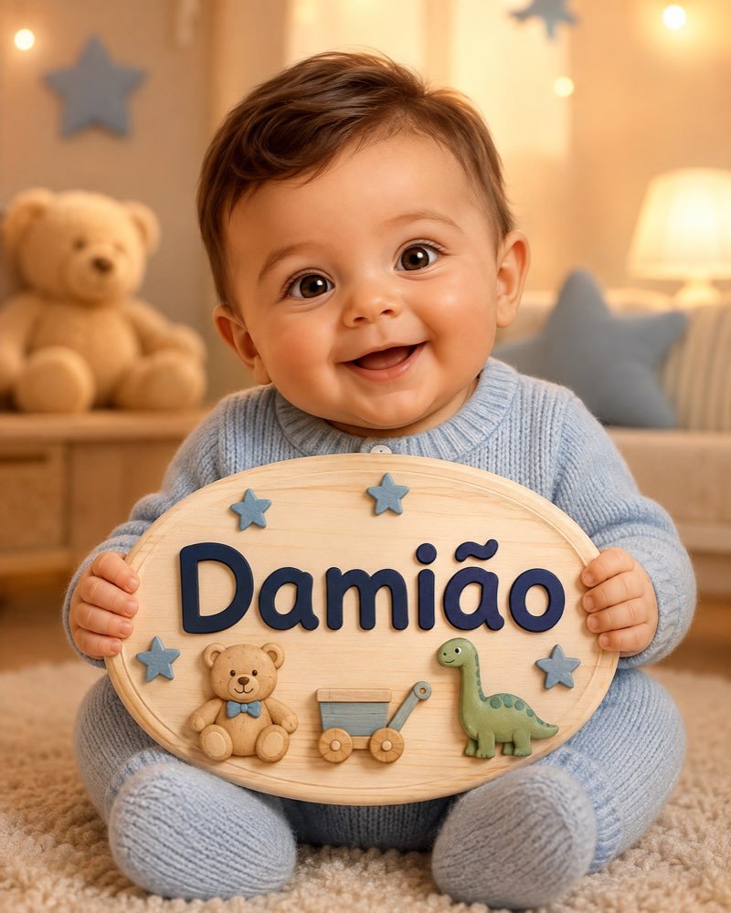 Ilustração de bebê segurando plaquinha com o nome Damião