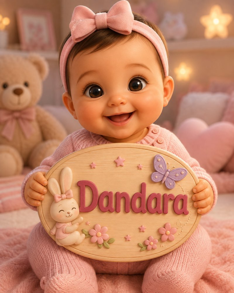 Ilustração de bebê segurando plaquinha com o nome Dandara