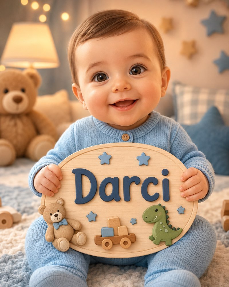 Ilustração de bebê segurando plaquinha com o nome Darci