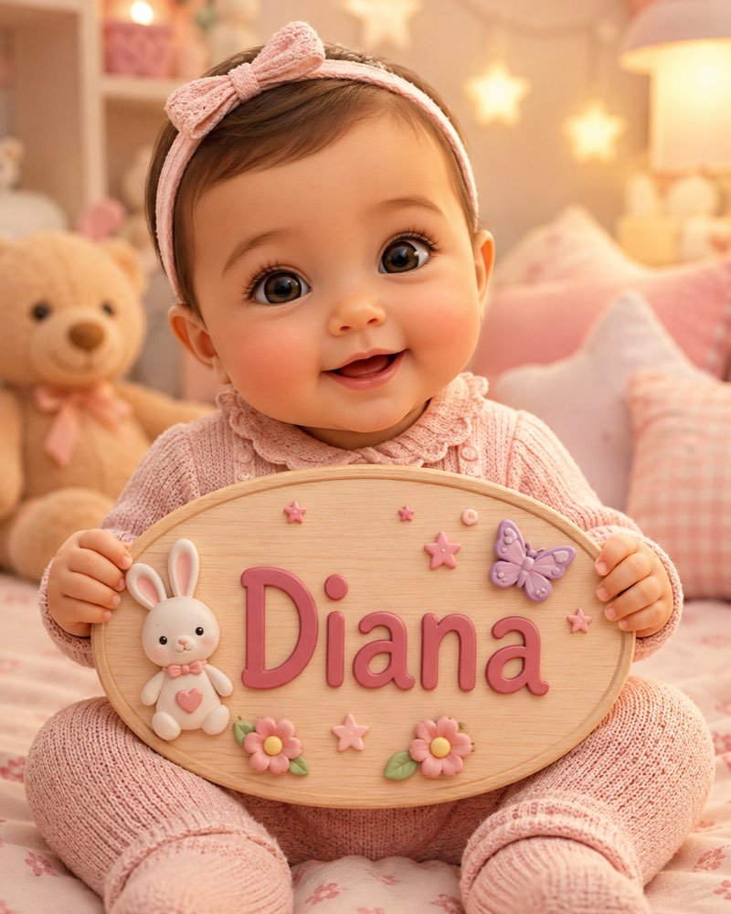Ilustração de bebê segurando plaquinha com o nome Diana