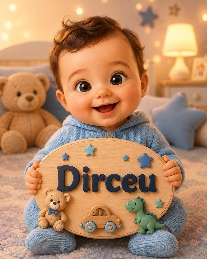 Ilustração de bebê segurando plaquinha com o nome Dirceu