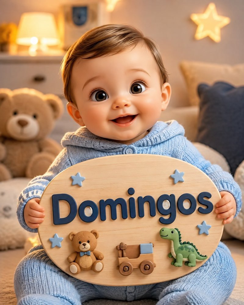Ilustração de bebê segurando plaquinha com o nome Domingos