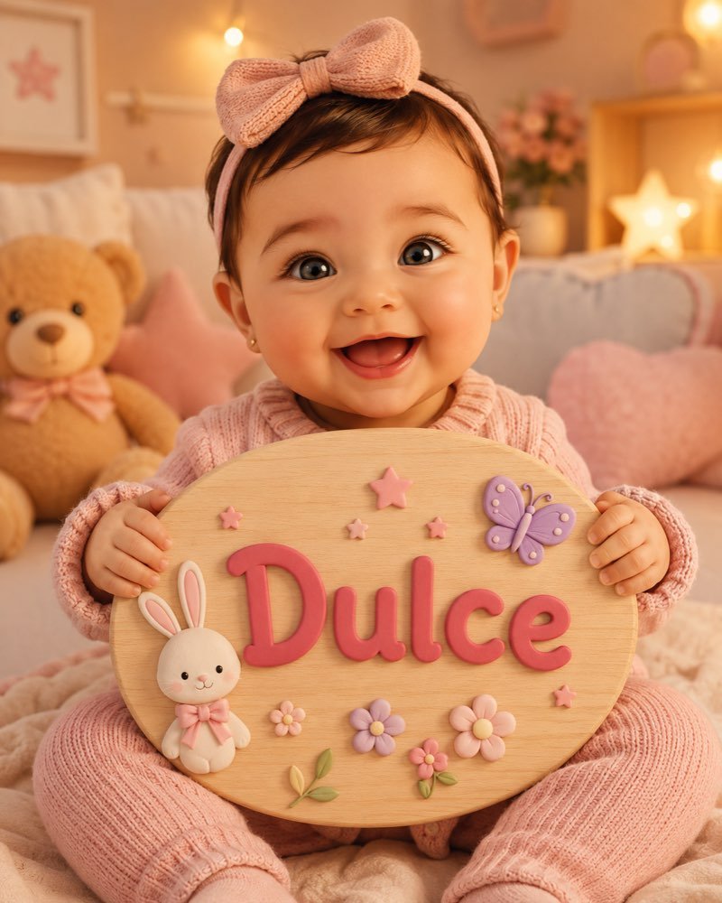 Ilustração de bebê segurando plaquinha com o nome Dulce