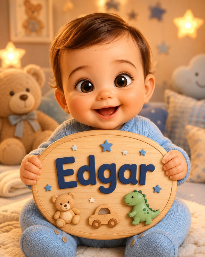 Ilustração de bebê segurando plaquinha com o nome Edgar