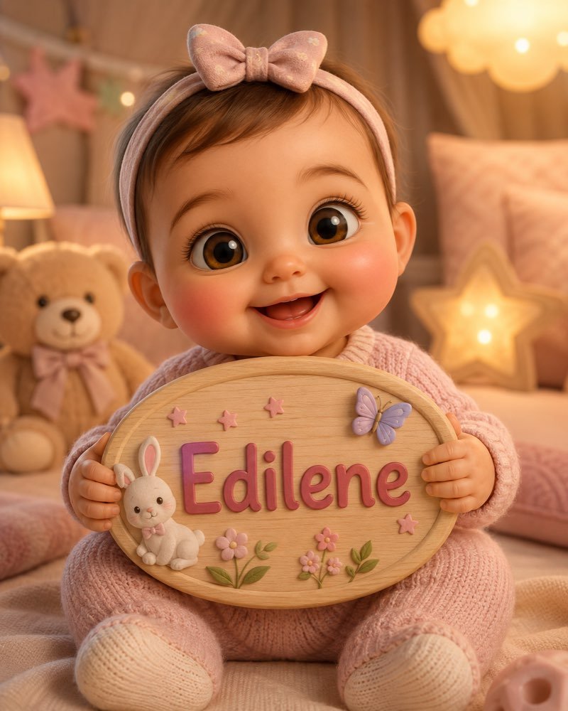 Ilustração de bebê segurando plaquinha com o nome Edilene
