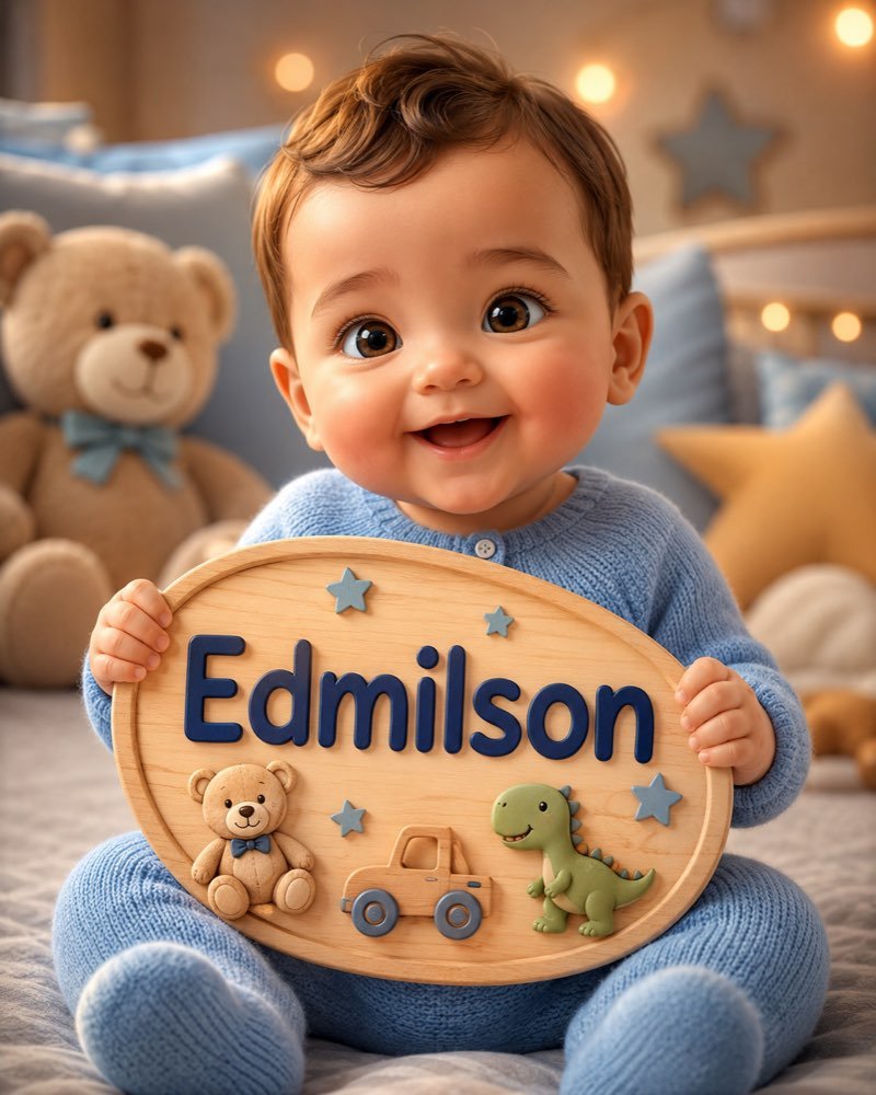 Ilustração de bebê segurando plaquinha com o nome Edmilson