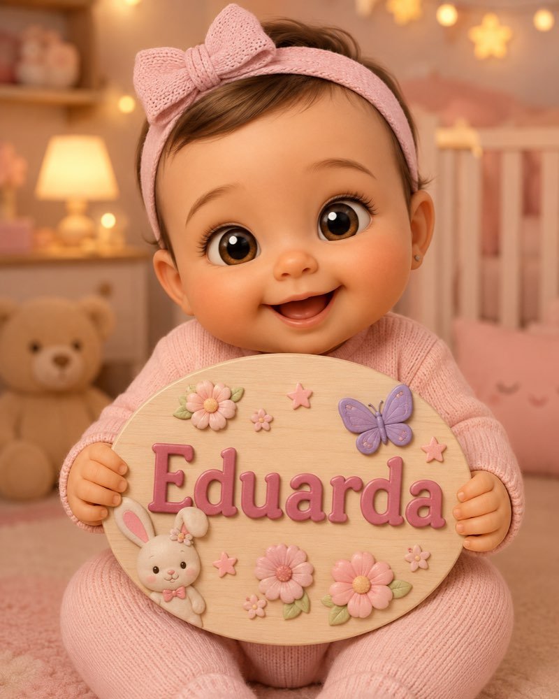 Ilustração de bebê segurando plaquinha com o nome Eduarda