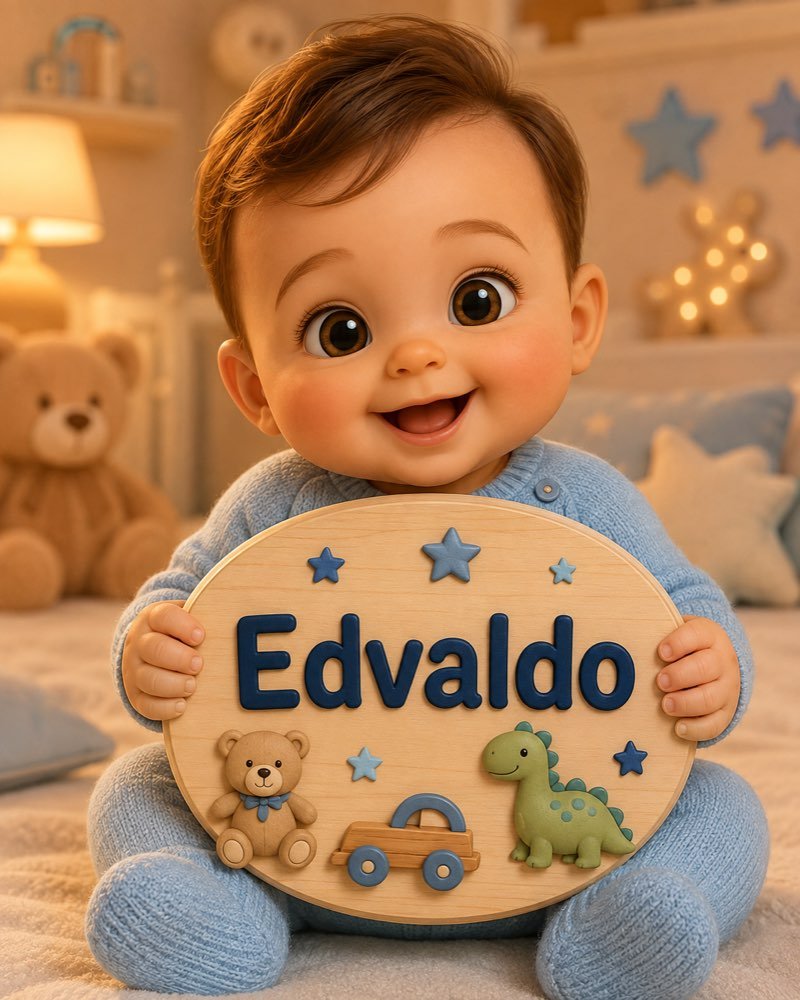 Ilustração de bebê segurando plaquinha com o nome Edvaldo