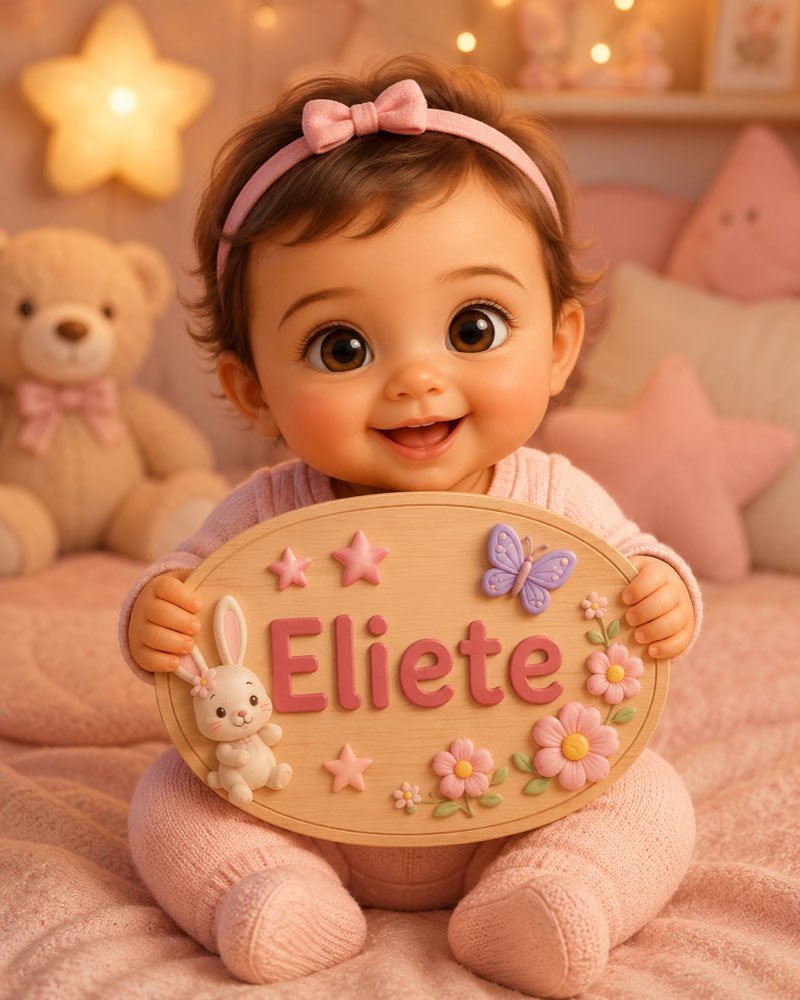 Ilustração de bebê segurando plaquinha com o nome Eliete