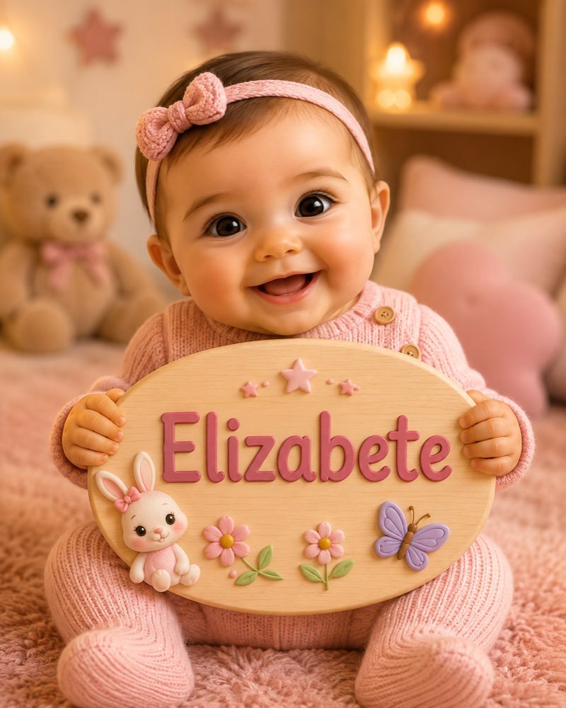 Ilustração de bebê segurando plaquinha com o nome Elizabete