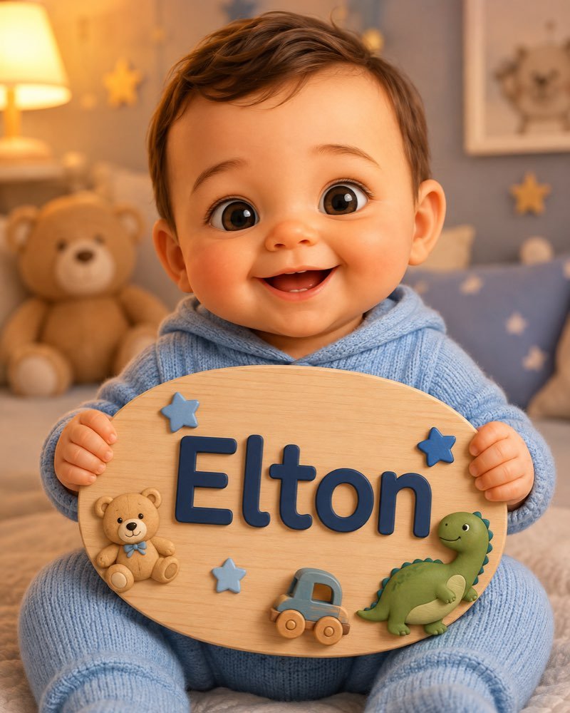 Ilustração de bebê segurando plaquinha com o nome Elton