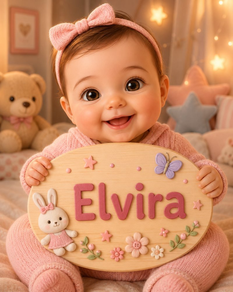 Ilustração de bebê segurando plaquinha com o nome Elvira