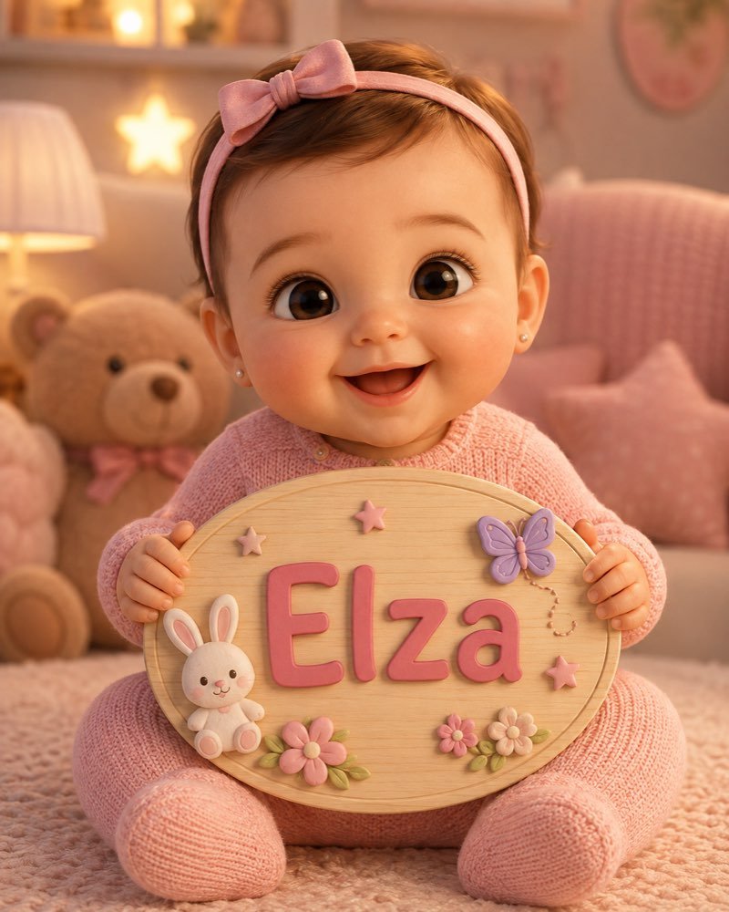 Ilustração de bebê segurando plaquinha com o nome Elza