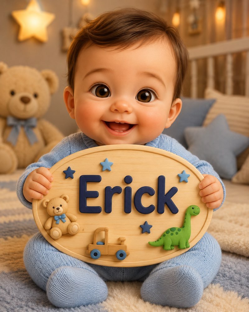 Ilustração de bebê segurando plaquinha com o nome Erick
