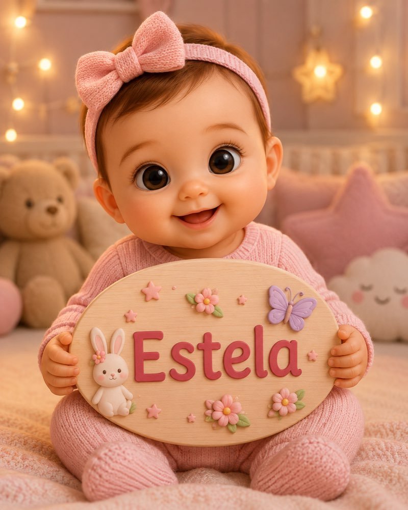 Ilustração de bebê segurando plaquinha com o nome Estela