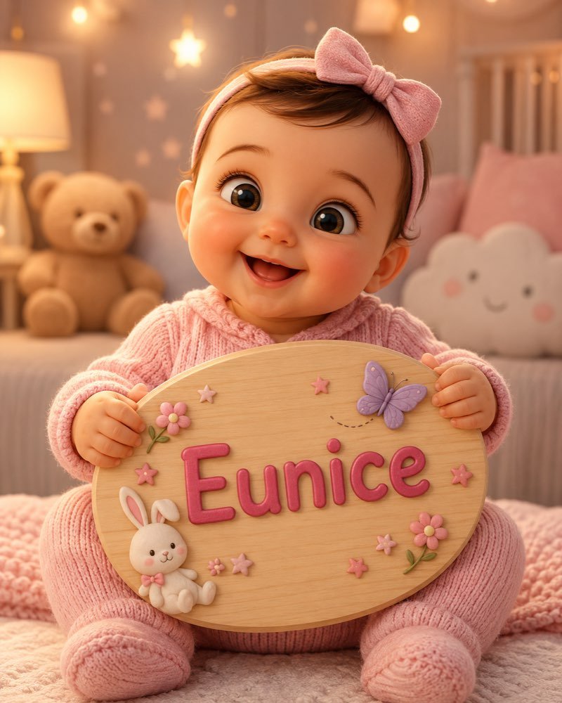 Ilustração de bebê segurando plaquinha com o nome Eunice